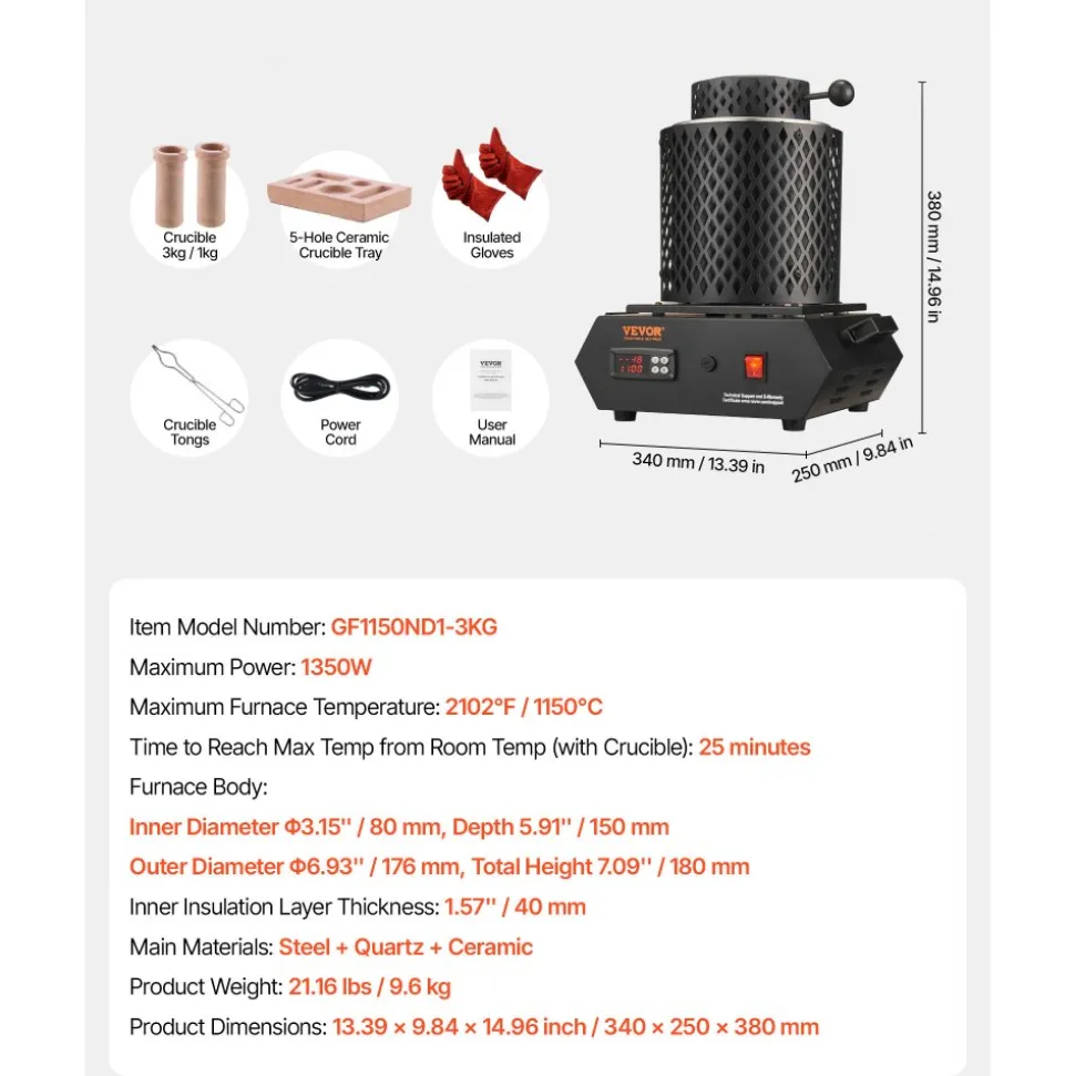 VEVOR Gold Melting Furnace, 1350W, 2102 ℉, PID Digital Electric Melting Furnace with 1 kg and 3 kg Ceramic Crucibles, Insulated Gloves, Crucible Tongs and Tray, for Gold, Silver, Aluminum, Copper