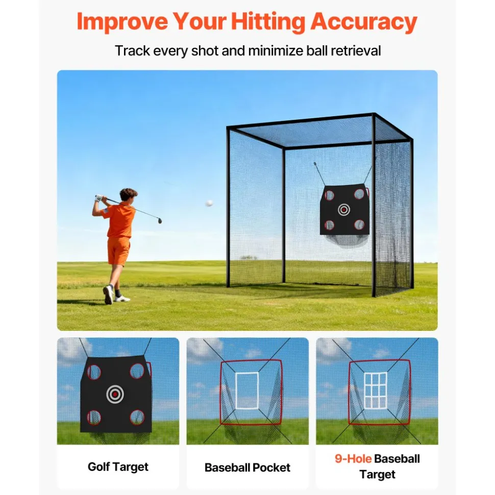 VEVOR Golf Batting Cage, 10 x 10 x 10 FT Golf Cage, Driving Hitting Cages with 3-Ply Knotless Polyester, Golfs Target & 9-Hole Baseball Target, Golfs Hitting Net for Indoor, Outdoor, Backyard