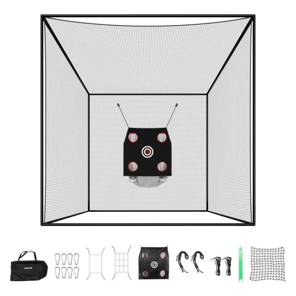 VEVOR Golf Batting Cage, 10 x 10 x 10 FT Golf Cage, Driving Hitting Cages with 3-Ply Knotless Polyester, Golfs Target & 9-Hole Baseball Target, Golfs Hitting Net for Indoor, Outdoor, Backyard