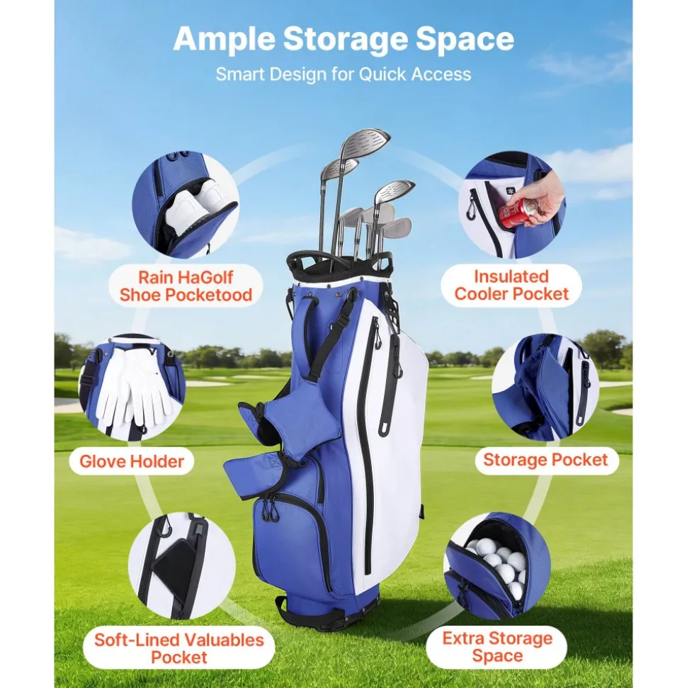 VEVOR Golf Cart Bag, 15 Way Top Divider Organizer, Golf Club Bag with Full-length Divider, Storage Pockets, Ergonomic Shoulder Strap, Rain Hood, Smooth Zippers, Lightweight Polyester for Men & Women