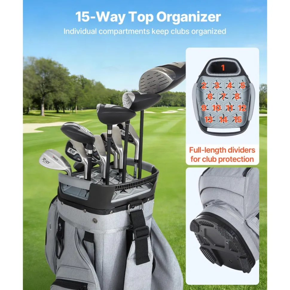 VEVOR Golf Cart Bag, 15 Way Top Divider Organizer, Golf Club Bag with Full-length Divider, Rain Hood, Storage Pockets, Shoulder Strap, High-Strength Polyester, Silicone Head Protection for Men & Women