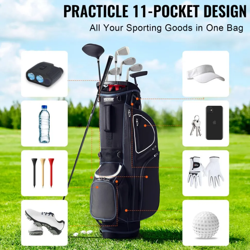 VEVOR Golf Cart Bag with 14 Way Organizer Divider Top, 35” 11 Pockets Premium Cart Bag with Stand, Durable Golf Bags with Handles & Dust Cover & Detachable Dual Strap for Men & Women, Black White