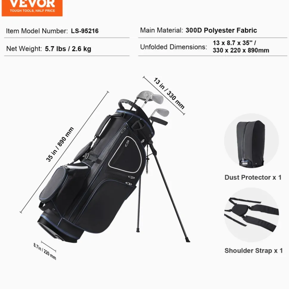 VEVOR Golf Cart Bag with 14 Way Organizer Divider Top, 35” 11 Pockets Premium Cart Bag with Stand, Durable Golf Bags with Handles & Dust Cover & Detachable Dual Strap for Men & Women, Black White