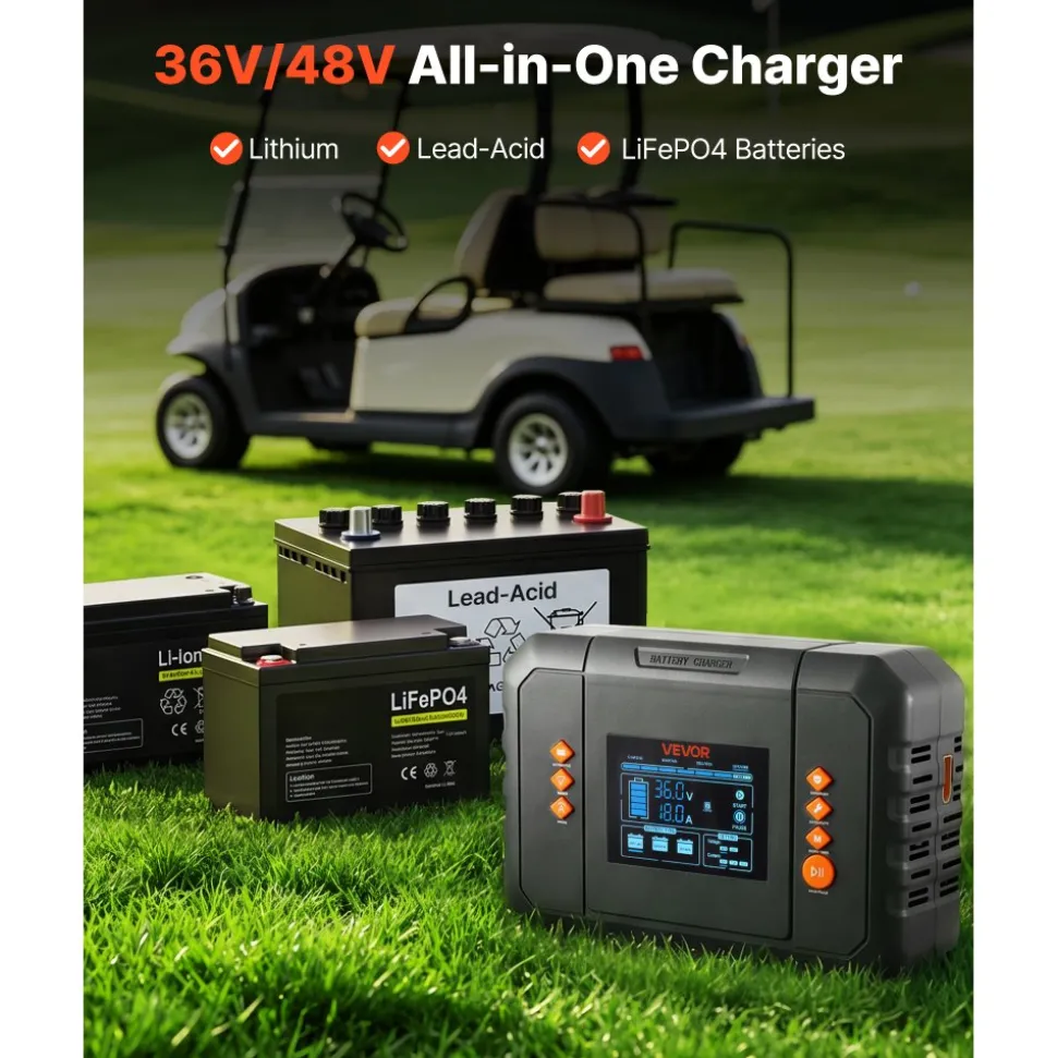 VEVOR Golf Cart Battery Charger 36V 18A and 48V 13A Smart Trickle Charger, for Lithium LiFePO4 Lead-Acid AGM/Gel/SLA Batteries, Plastic Shell, Multiple Protections, with LCD Display & Cooling Fan