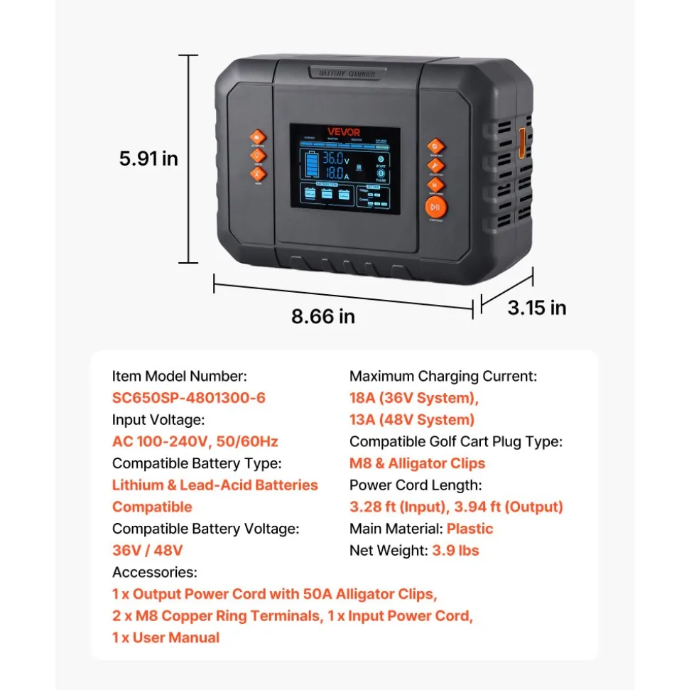 VEVOR Golf Cart Battery Charger 36V 18A and 48V 13A Smart Trickle Charger, for Lithium LiFePO4 Lead-Acid AGM/Gel/SLA Batteries, Plastic Shell, Multiple Protections, with LCD Display & Cooling Fan