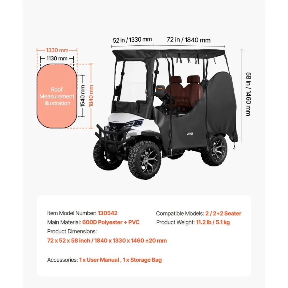 VEVOR Golf Cart Cover, Visible Full-Enclosure 2&2+2 Passenger Golf Cart, 600D Waterproof Oxford Fabric Club Car Cover Fits Most Carts Club Car, Yamaha, EZGO, Honda, PVC Coating & Windproof Hook Design