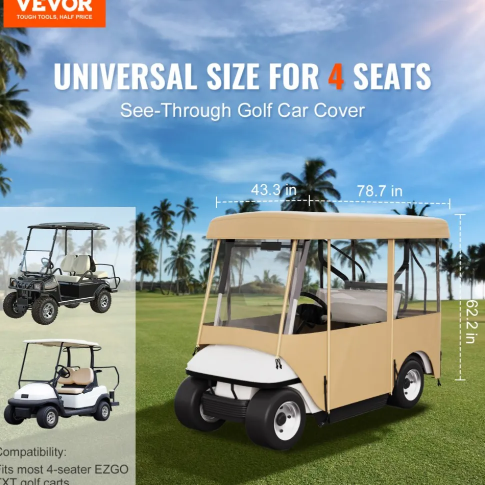 VEVOR Golf Cart Enclosure, with 4-Sided Fairway Deluxe, 300D Waterproof Driving Enclosure with Transparent Windows, Fit for 2+2 Seats Golf Carts (Roof Up to 78.7''L)
