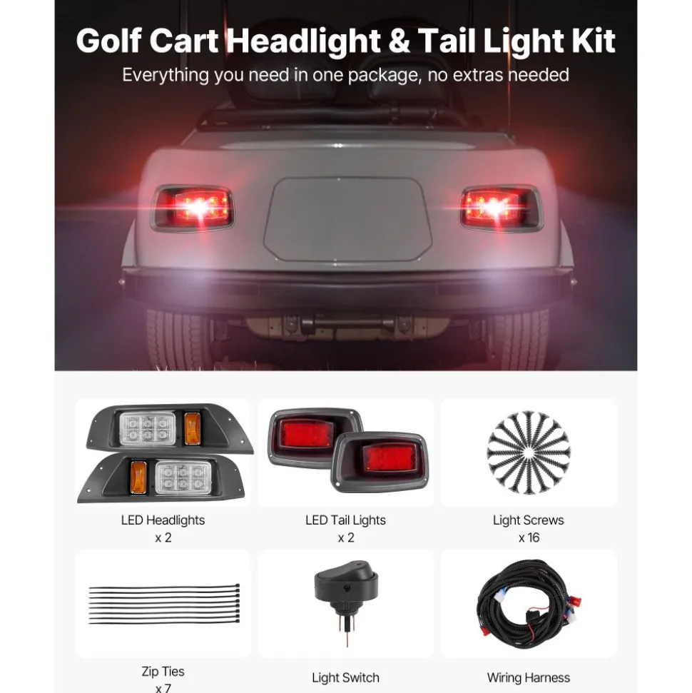 VEVOR Golf Cart Light Kit, 12V, LED Headlight and Taillight Kit with Wiring Harness, Switch, Zip Ties, ABS Housing, High-Brightness, Waterproof and Dustproof, Suitable for Club Car DS 1993-Up Models