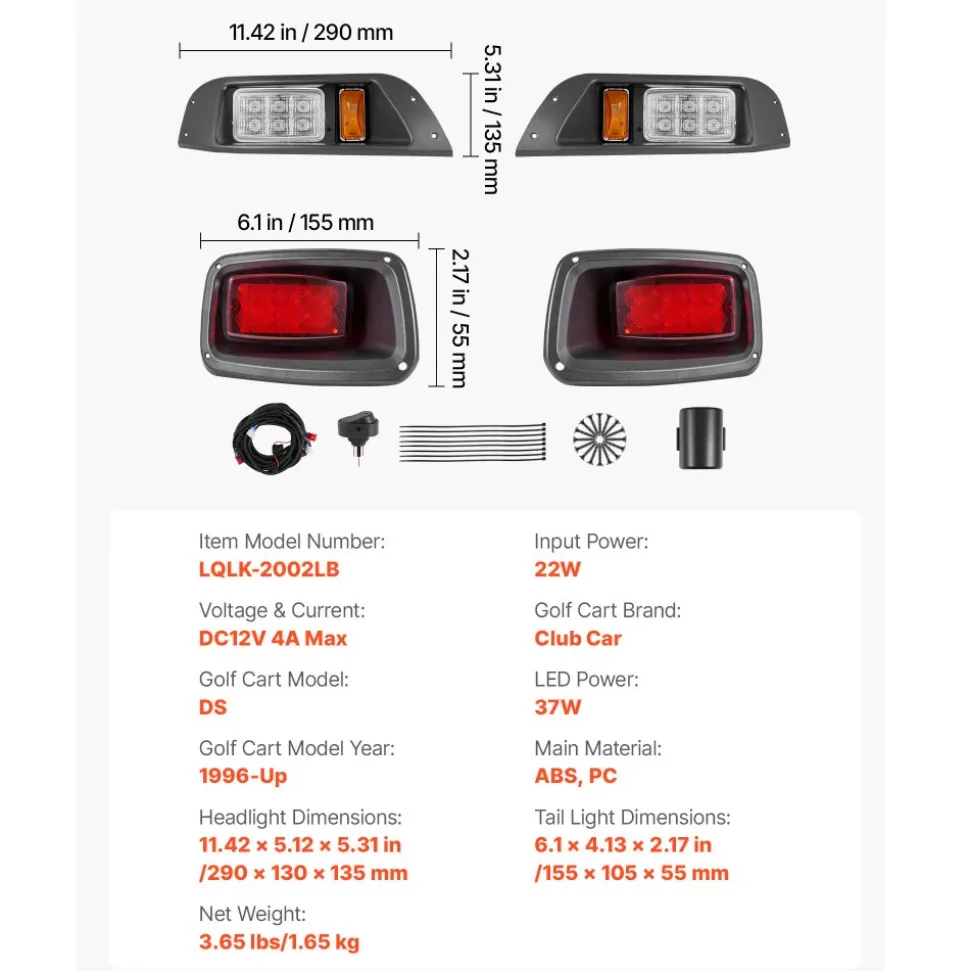 VEVOR Golf Cart Light Kit, 12V, LED Headlight and Taillight Kit with Wiring Harness, Switch, Zip Ties, ABS Housing, High-Brightness, Waterproof and Dustproof, Suitable for Club Car DS 1993-Up Models