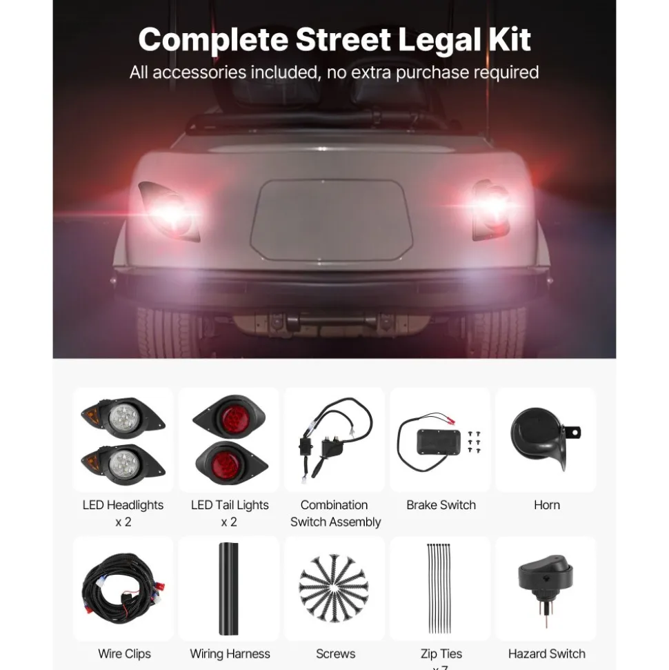 VEVOR Golf Cart Light Kit, 12 Volt, Street Legal LED Headlight and Taillight Kit with Wiring Harness, Turn Signals, Hazard Light, Switch Horn, Brake Pad, Zip Ties, ABS Housing, for Yamaha G29 2007-Up