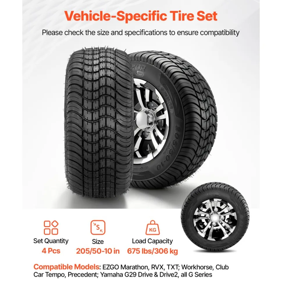 VEVOR Golf Cart Wheels, 10" 205/50-10 Black Aluminum Alloy Golf Cart Tires and Wheels Combo (Set of 4) Fit Club Car, EZGO, Yamaha, 4 Ply Rubber 4-Lug Lawn Mower Tires & Rims, 675 lbs Load, All-Terrain
