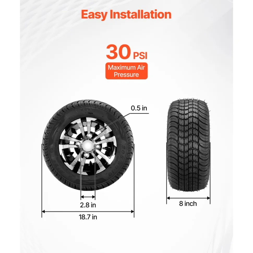 VEVOR Golf Cart Wheels, 10" 205/50-10 Black Aluminum Alloy Golf Cart Tires and Wheels Combo (Set of 4) Fit Club Car, EZGO, Yamaha, 4 Ply Rubber 4-Lug Lawn Mower Tires & Rims, 675 lbs Load, All-Terrain