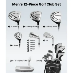 VEVOR Golf Club Set, 12 Pieces Men's Complete Golf Club Set Right Handed with 460CC #1 Driver, #3 & 5 Fairway Wood, #4 Hybrid, #5/#6/#7/#8/#9/#PW/#SW Irons, L-Shaped Putter, Golf Stand Bag, Black