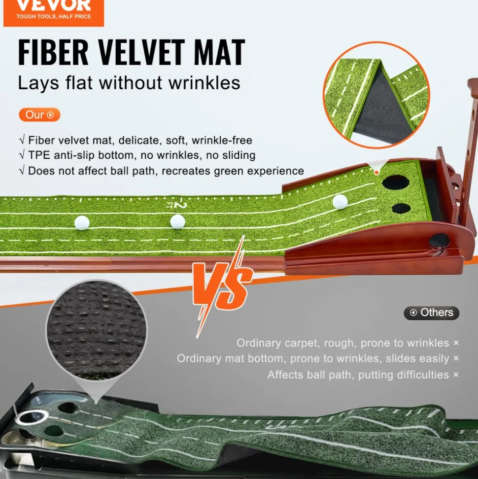 VEVOR Golf Putting Mat, 2 Hole Indoor Golf Putting Green, Wrinkle-Free Golf Training Aid, Mini Golf Set with Auto-Ball Return, Alignment Guide, 3 Ball, Wood Base, Game Practice Gift for Home Office