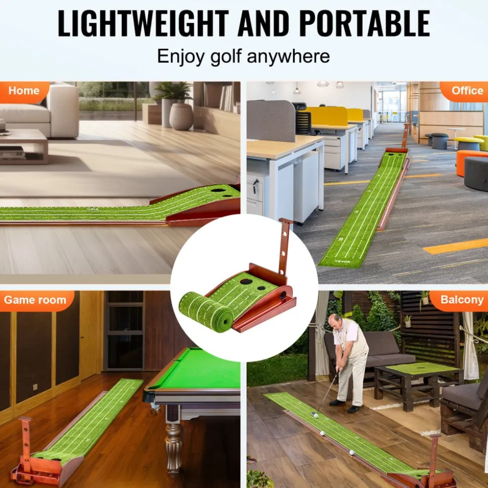 VEVOR Golf Putting Mat, 2 Hole Indoor Golf Putting Green, Wrinkle-Free Golf Training Aid, Mini Golf Set with Auto-Ball Return, Alignment Guide, 3 Ball, Wood Base, Game Practice Gift for Home Office