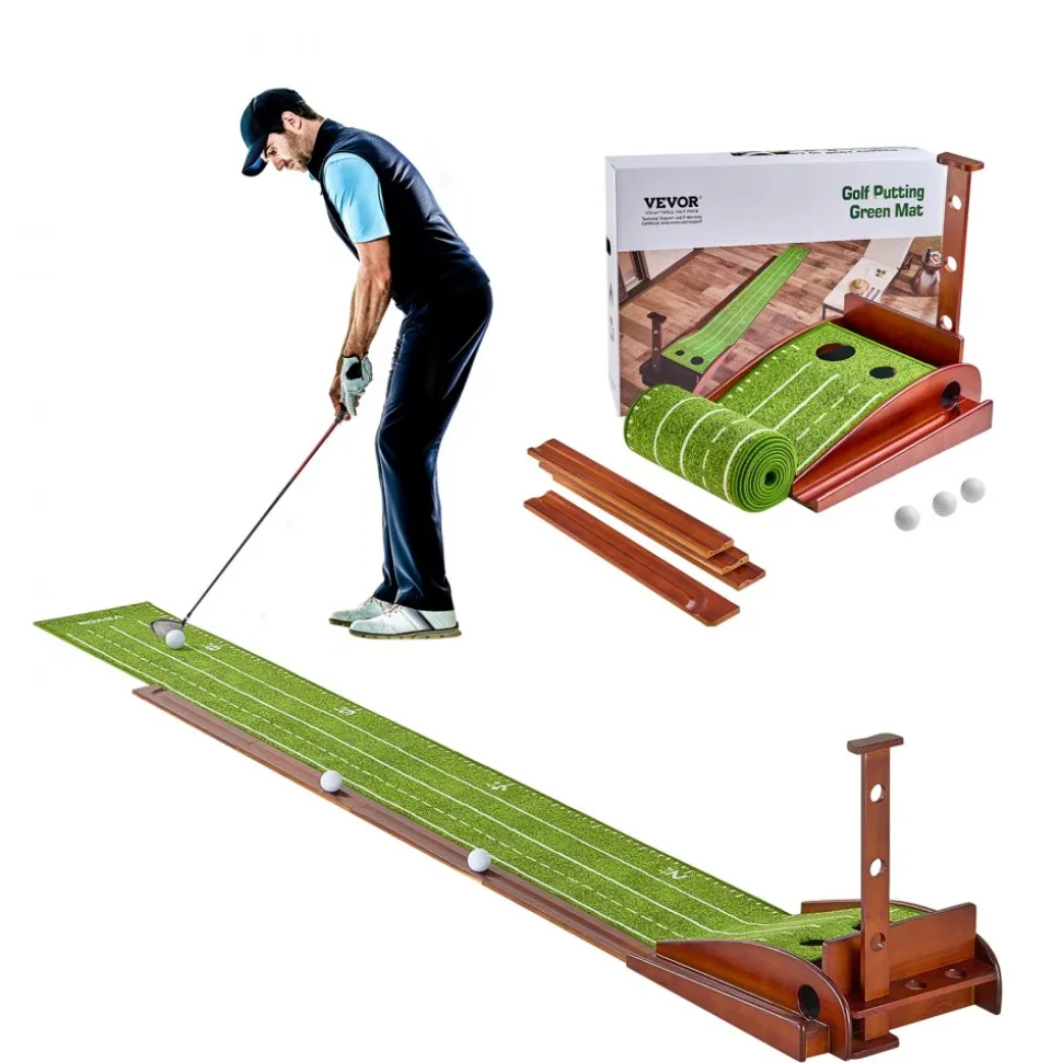 VEVOR Golf Putting Mat, 2 Hole Indoor Golf Putting Green, Wrinkle-Free Golf Training Aid, Mini Golf Set with Auto-Ball Return, Alignment Guide, 3 Ball, Wood Base, Game Practice Gift for Home Office