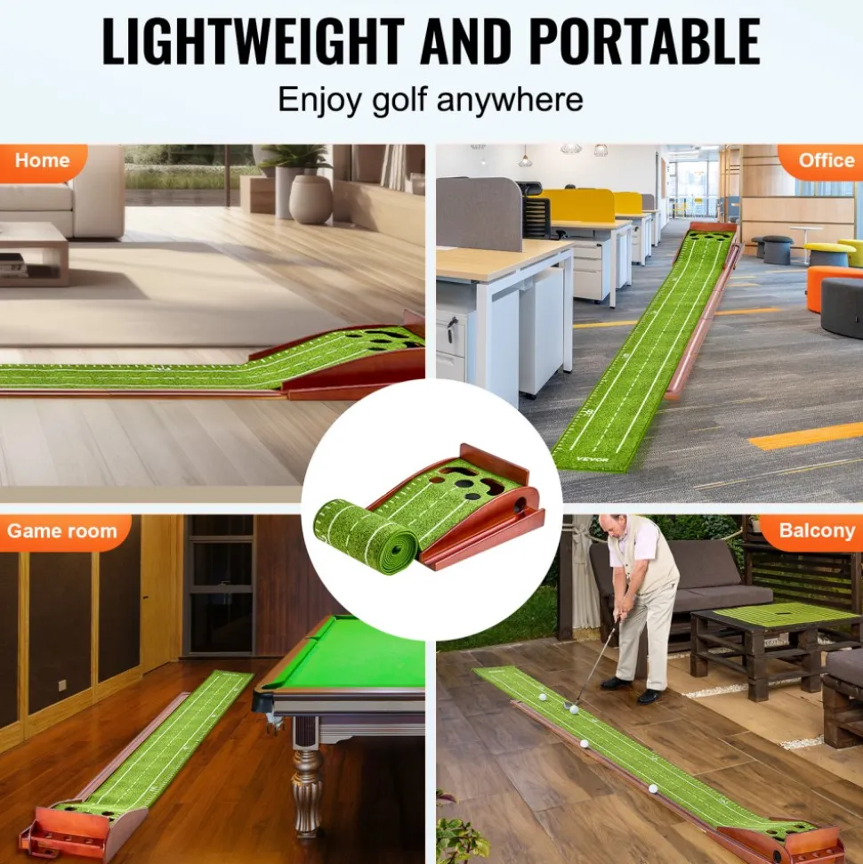 VEVOR Golf Putting Mat, 5 Hole Indoor Golf Putting Green, Wrinkle-Free Golf Training Aid, Mini Golf Set with Auto-Ball Return, Alignment Guide, 3 Ball, Wood Base, Game Practice Gift for Home Offic