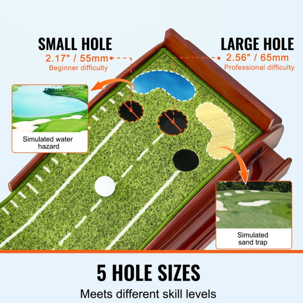 VEVOR Golf Putting Mat, 5 Hole Indoor Golf Putting Green, Wrinkle-Free Golf Training Aid, Mini Golf Set with Auto-Ball Return, Alignment Guide, 3 Ball, Wood Base, Game Practice Gift for Home Offic