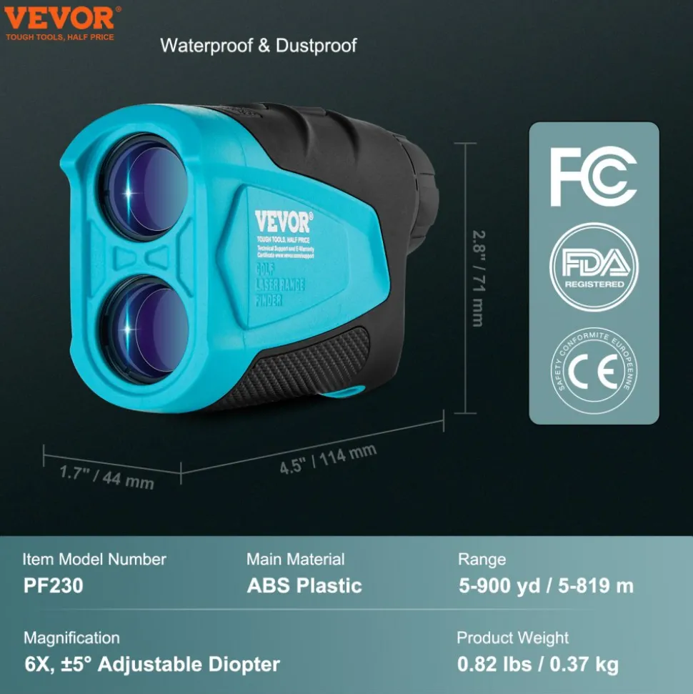 VEVOR Golf Rangefinder, 900 Yards Laser Golfing Hunting Range Finder, 6X Magnification Distance Measuring, Golfing Accessory with External Magnet Mount, High-Precision Flag Lock, Slope, and Batteries