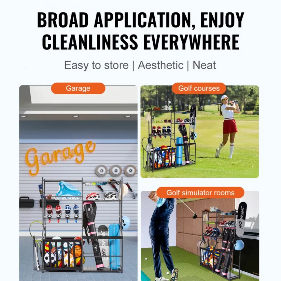 VEVOR Golf Storage Garage Organizer, 2 Golf Bag Storage Stand Holder and Other Sports Equipment Storage Rack, Outdoor Steel Ball Cart, Sports Gear and Toys Storage Shelves with Baskets & Hooks, Black