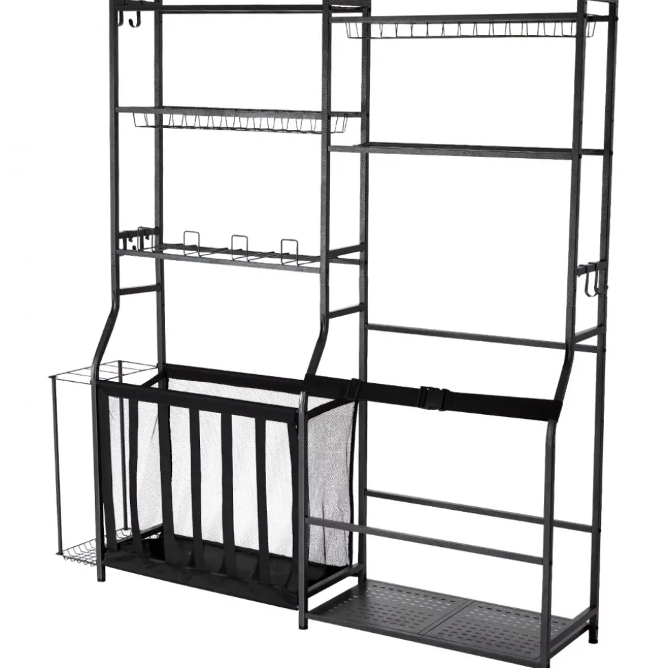 VEVOR Golf Storage Garage Organizer, 2 Golf Bag Storage Stand Holder and Other Sports Equipment Storage Rack, Outdoor Steel Ball Cart, Sports Gear and Toys Storage Shelves with Baskets & Hooks, Black