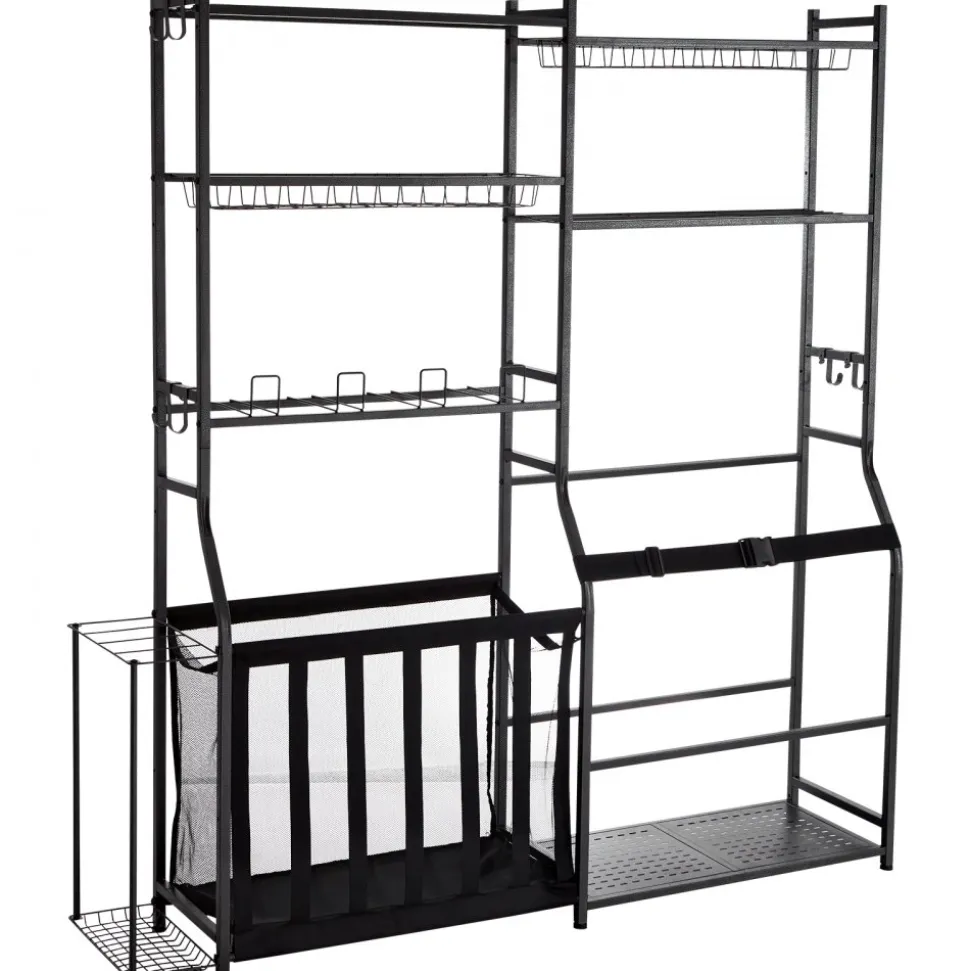 VEVOR Golf Storage Garage Organizer, 2 Golf Bag Storage Stand Holder and Other Sports Equipment Storage Rack, Outdoor Steel Ball Cart, Sports Gear and Toys Storage Shelves with Baskets & Hooks, Black