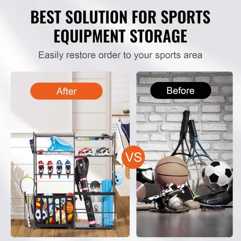 VEVOR Golf Storage Garage Organizer, 2 Golf Bag Storage Stand Holder and Other Sports Equipment Storage Rack, Outdoor Steel Ball Cart, Sports Gear and Toys Storage Shelves with Baskets & Hooks, Black