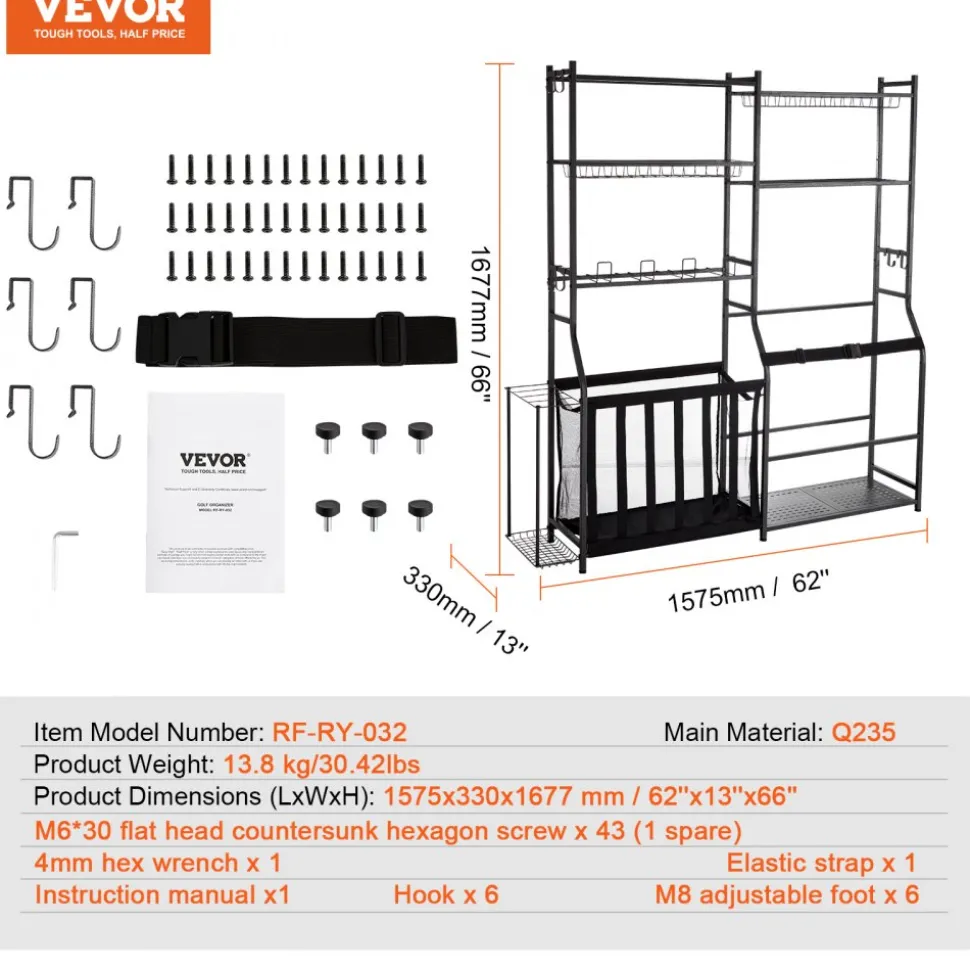 VEVOR Golf Storage Garage Organizer, 2 Golf Bag Storage Stand Holder and Other Sports Equipment Storage Rack, Outdoor Steel Ball Cart, Sports Gear and Toys Storage Shelves with Baskets & Hooks, Black