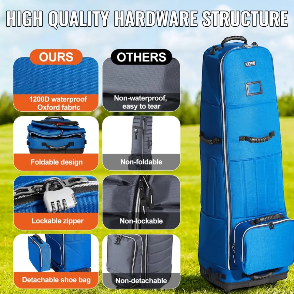 VEVOR Golf Travel Bag, Outdoors Soft-Sided Golf Travel Cover, Heavy Duty 1200D Polyester Oxford Wear-Resistant Waterproof, Padded Luggage Case with Wheels, Foldable Golf Club Storage Bag for Airline