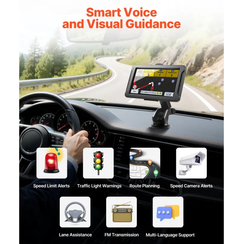 VEVOR GPS Navigator for Car, 7 inch Touch Screen 16GB GPS Navigation System with Built-in Dash Cam, Voice Turn-by-Turn Guidance, Speed and Red Light Warning, Custom Truck Routing, for Car Truck RV
