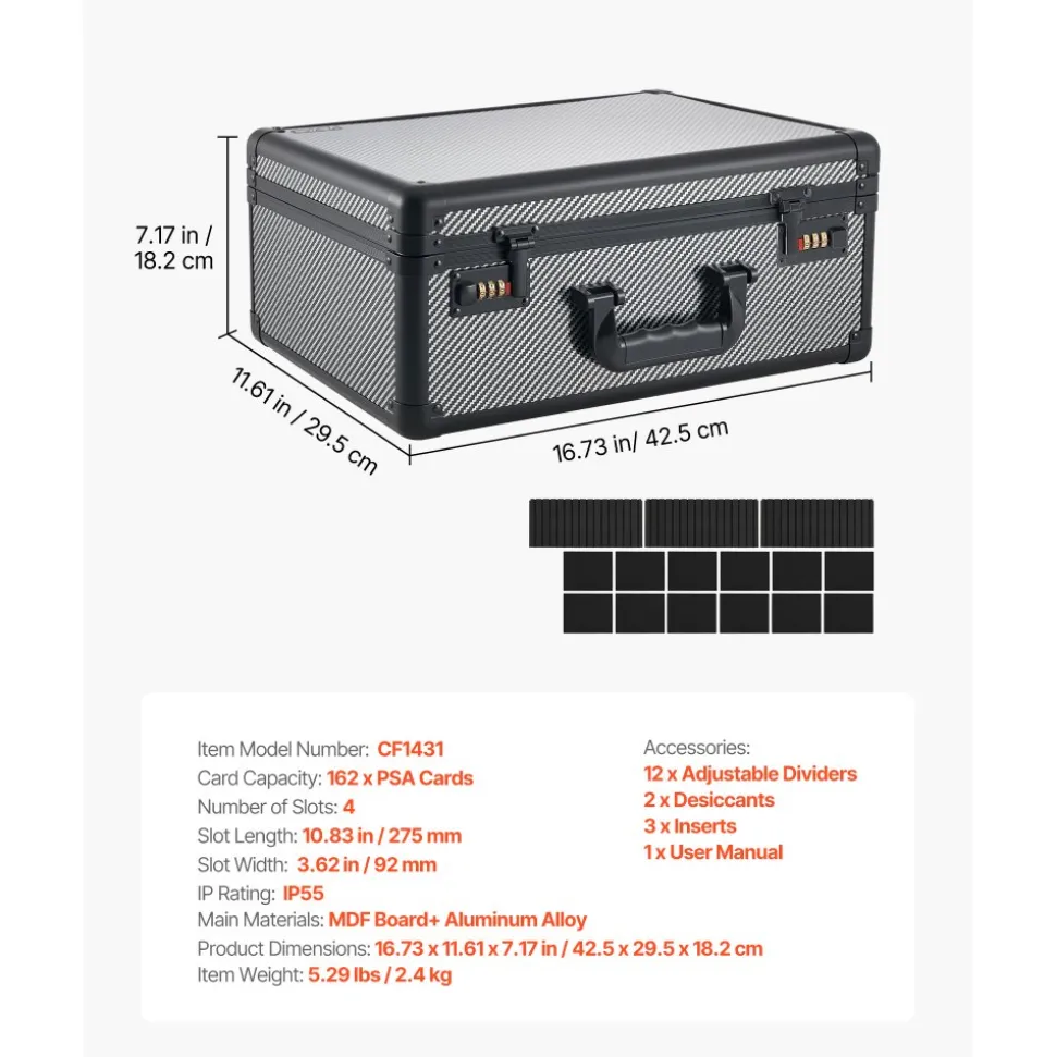 VEVOR Graded Card Case 4 Row 162 PSA Slab Storage Box with Combination Lock, Baseball Sports Trading Cards Holder Collector with 12 Dividers, Holds 130 SGC 115 BGS 585 Top Loaders & 999+ Loose Cards