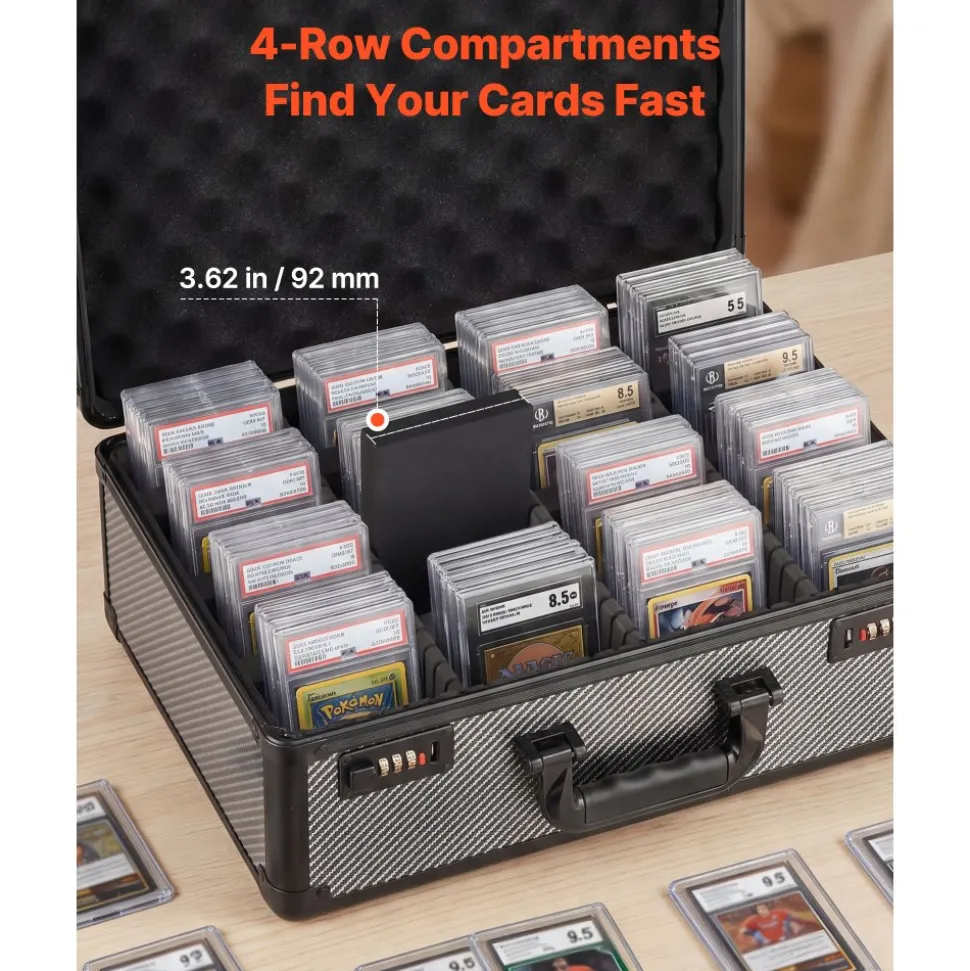 VEVOR Graded Card Case 4 Row 162 PSA Slab Storage Box with Combination Lock, Baseball Sports Trading Cards Holder Collector with 12 Dividers, Holds 130 SGC 115 BGS 585 Top Loaders & 999+ Loose Cards