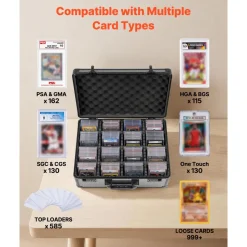 VEVOR Graded Card Case 4 Row 162 PSA Slab Storage Box with Combination Lock, Baseball Sports Trading Cards Holder Collector with 12 Dividers, Holds 130 SGC 115 BGS 585 Top Loaders & 999+ Loose Cards