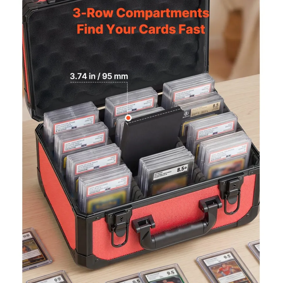 VEVOR Graded Card Case 3 Row 96 PSA Slab Storage Box with Secure Lock, Baseball Sports Trading Cards Holder Collector with 12 Dividers, Key, Holds 76 SGC 68 BGS 348 Top Loaders and 999+ Loose Cards