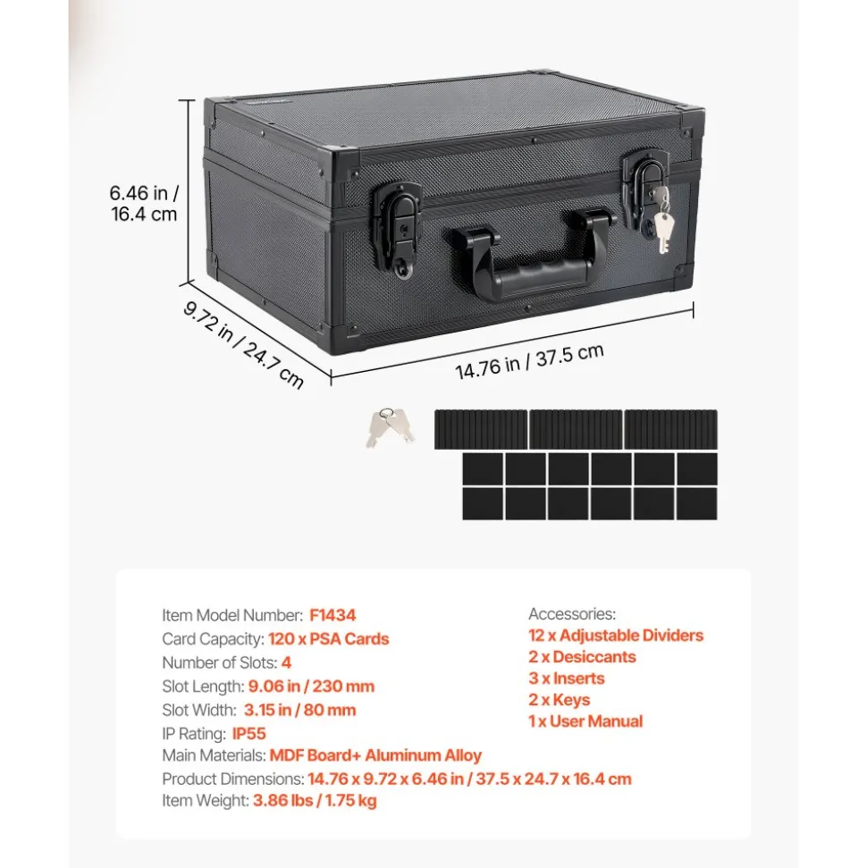 VEVOR Graded Card Case 4 Row 120 PSA Slab Storage Box with Secure Lock, Baseball Sports Trading Cards Holder Collector with 12 Dividers, Key, Holds 95 SGC 85 BGS 435 Top Loaders & 999+ Loose Cards