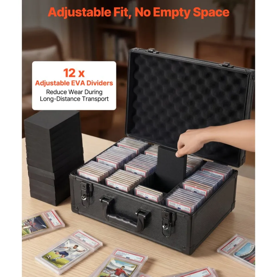 VEVOR Graded Card Case 4 Row 120 PSA Slab Storage Box with Secure Lock, Baseball Sports Trading Cards Holder Collector with 12 Dividers, Key, Holds 95 SGC 85 BGS 435 Top Loaders & 999+ Loose Cards