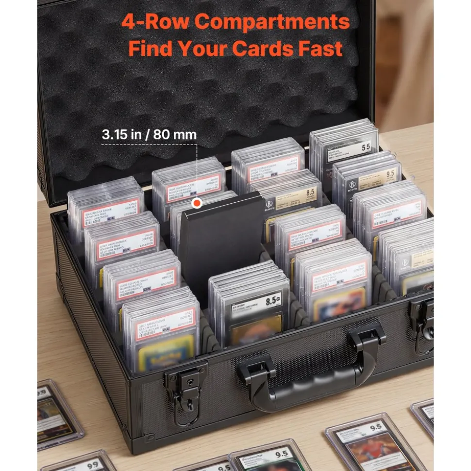 VEVOR Graded Card Case 4 Row 120 PSA Slab Storage Box with Secure Lock, Baseball Sports Trading Cards Holder Collector with 12 Dividers, Key, Holds 95 SGC 85 BGS 435 Top Loaders & 999+ Loose Cards