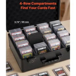 VEVOR Graded Card Case 4 Row 152 PSA Slab Storage Box TSA Approved Lock, Baseball Sports Trading Cards Holder Collector, with 12 Dividers, Holds 120 SGC 100 BGS 550 Top Loaders & 999+ Loose Cards