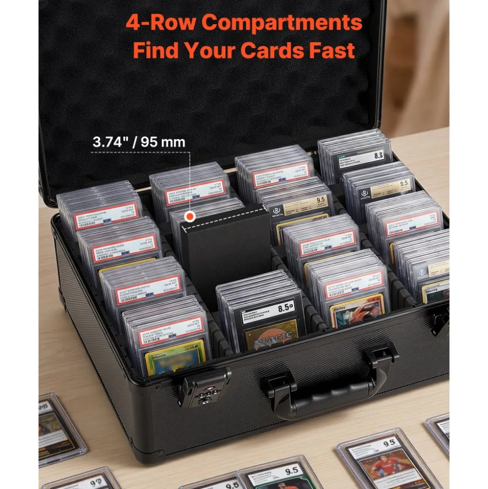 VEVOR Graded Card Case 4 Row 152 PSA Slab Storage Box TSA Approved Lock, Baseball Sports Trading Cards Holder Collector, with 12 Dividers, Holds 120 SGC 100 BGS 550 Top Loaders & 999+ Loose Cards