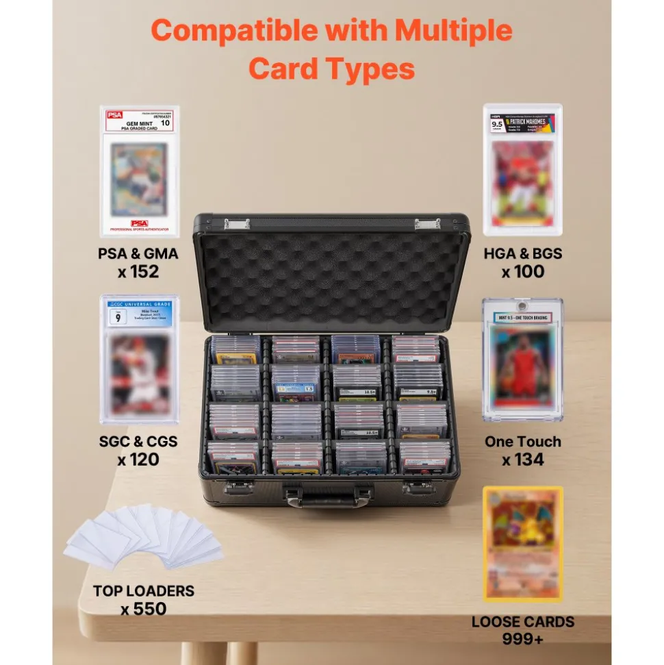 VEVOR Graded Card Case 4 Row 152 PSA Slab Storage Box TSA Approved Lock, Baseball Sports Trading Cards Holder Collector, with 12 Dividers, Holds 120 SGC 100 BGS 550 Top Loaders & 999+ Loose Cards