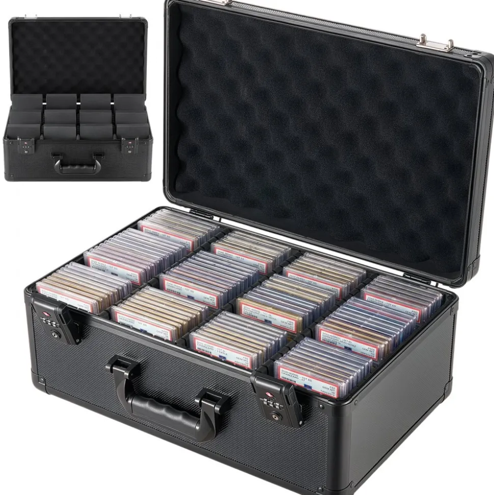VEVOR Graded Card Case 4 Row 152 PSA Slab Storage Box TSA Approved Lock, Baseball Sports Trading Cards Holder Collector, with 12 Dividers, Holds 120 SGC 100 BGS 550 Top Loaders & 999+ Loose Cards