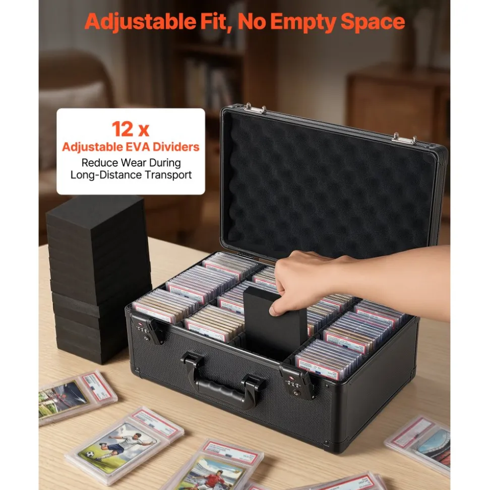 VEVOR Graded Card Case 4 Row 152 PSA Slab Storage Box TSA Approved Lock, Baseball Sports Trading Cards Holder Collector, with 12 Dividers, Holds 120 SGC 100 BGS 550 Top Loaders & 999+ Loose Cards