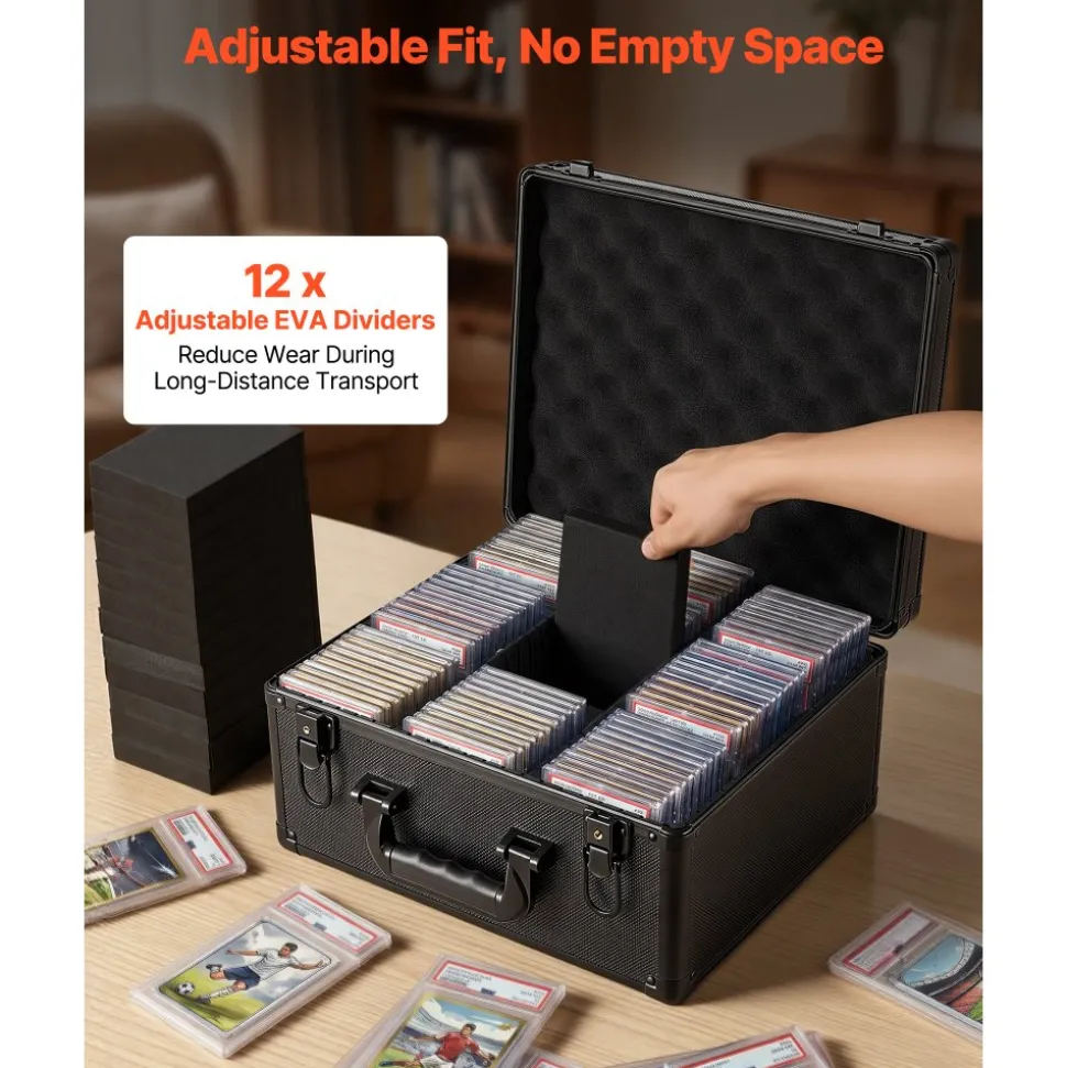 VEVOR Graded Card Case 3 Row 180 PSA Slab Storage Box with Secure Lock, Baseball Sports Trading Cards Holder Collector with 12 Dividers, Key, Holds 120 SGC 100 BGS 520 Top Loaders & 999+ Loose Cards