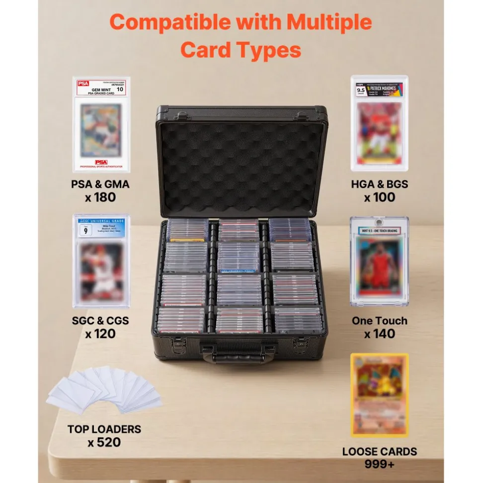 VEVOR Graded Card Case 3 Row 180 PSA Slab Storage Box with Secure Lock, Baseball Sports Trading Cards Holder Collector with 12 Dividers, Key, Holds 120 SGC 100 BGS 520 Top Loaders & 999+ Loose Cards