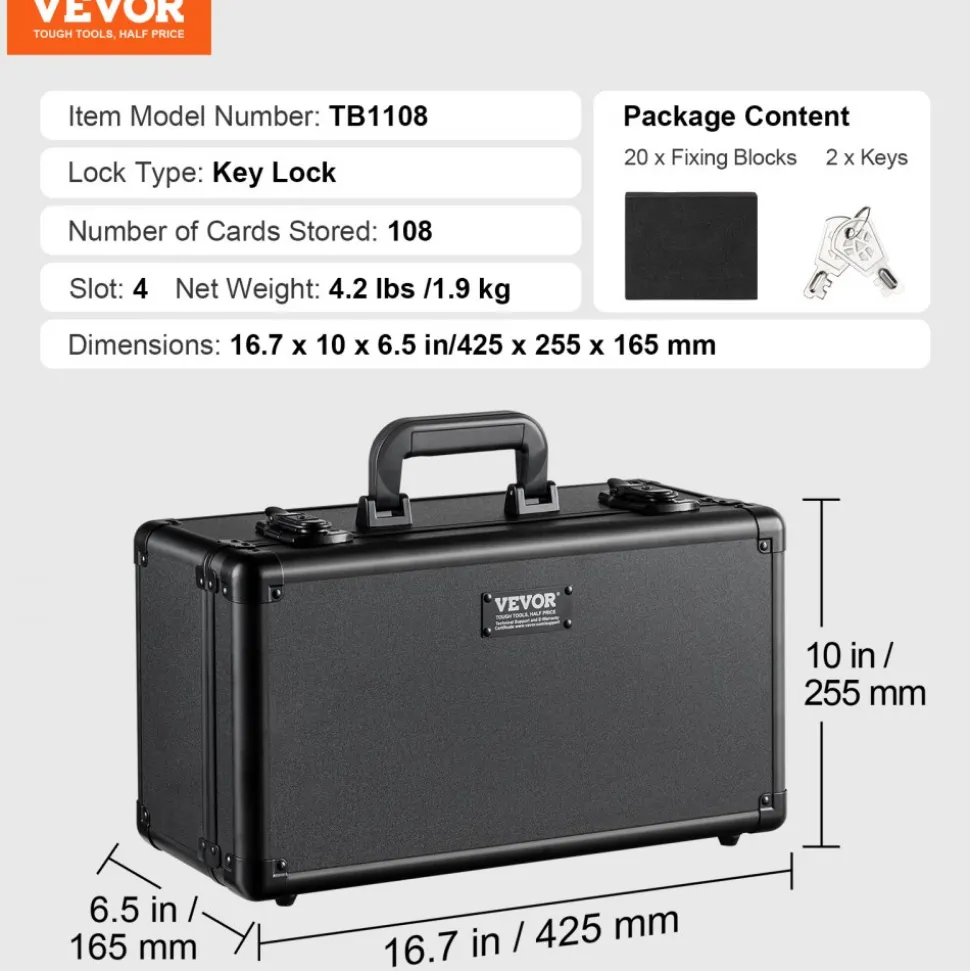 VEVOR Graded Card Storage Box, 4 Slots, Graded Sports Cards Holder Carrying Case with Key Lock Foam Dividers, for 108 PSA Graded Cards 76 BGS Cards 84 SGC Cards 388 Top Loaders or 999+ Loose Cards