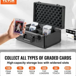 VEVOR Graded Card Storage Box, 4 Slots, Graded Sports Cards Holder Carrying Case with Key Lock Foam Dividers, for 108 PSA Graded Cards 76 BGS Cards 84 SGC Cards 388 Top Loaders or 999+ Loose Cards