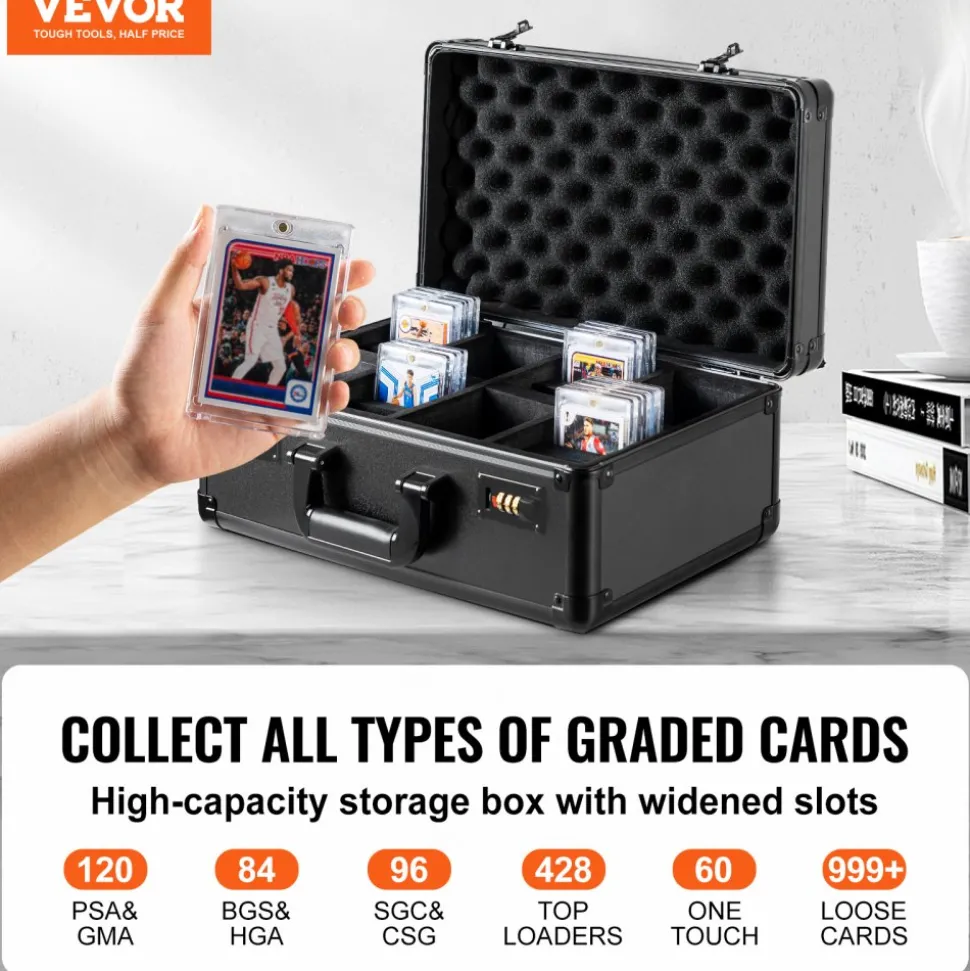 VEVOR Graded Card Storage Box, 4 Slots, Graded Sports Cards Holder Carrying Case with Coded Lock Foam Dividers, for 120 PSA Graded Cards 84 BGS Cards 96 SGC Cards 428 Top Loaders or 999+ Loose Cards