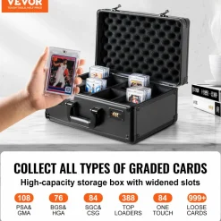VEVOR Graded Card Storage Box, 4 Slots, Graded Sports Cards Holder Carrying Case with Key Lock Foam Dividers, for 96 PSA Graded Cards 68 BGS Cards 76 SGC Cards 348 Top Loaders or 999+ Loose Cards