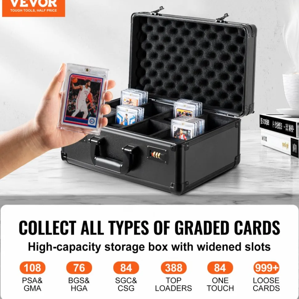 VEVOR Graded Card Storage Box, 4 Slots, Graded Sports Cards Holder Carrying Case with Key Lock Foam Dividers, for 96 PSA Graded Cards 68 BGS Cards 76 SGC Cards 348 Top Loaders or 999+ Loose Cards