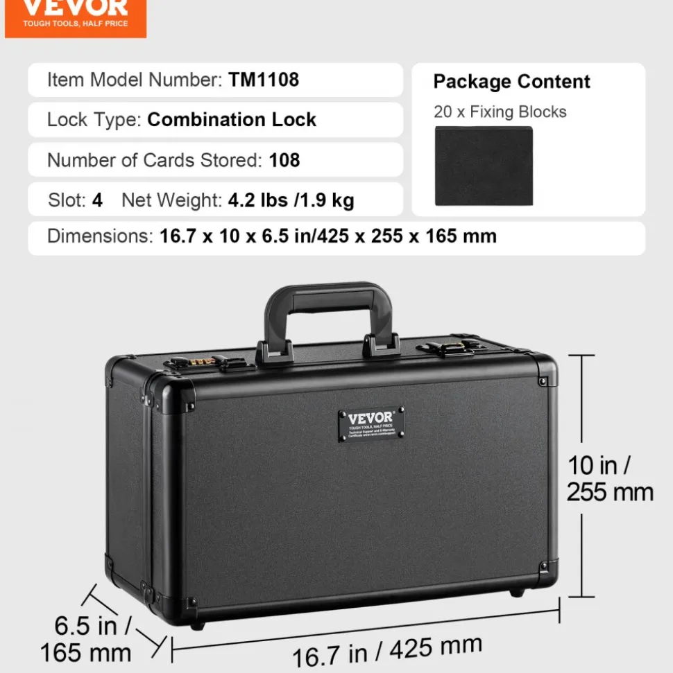 VEVOR Graded Card Storage Box, 4 Slots, Graded Sports Cards Holder Carrying Case with Key Lock Foam Dividers, for 96 PSA Graded Cards 68 BGS Cards 76 SGC Cards 348 Top Loaders or 999+ Loose Cards